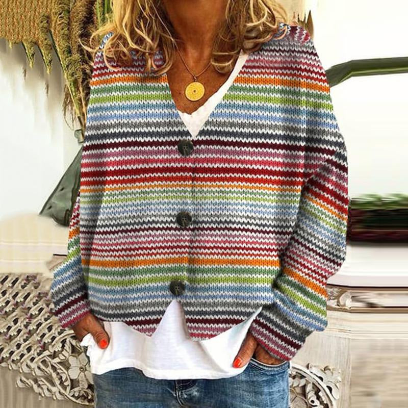 Multicoloured Cardigan with Button Placket for Women | Warm